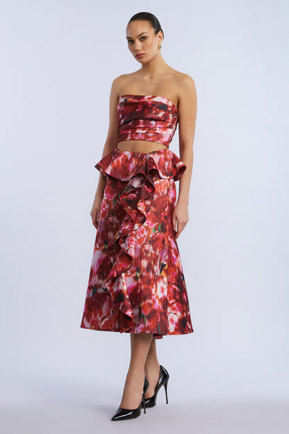 BCBGMAXAZRIA Pleated Satin Bustier Washed Rose Chili Pepper Print