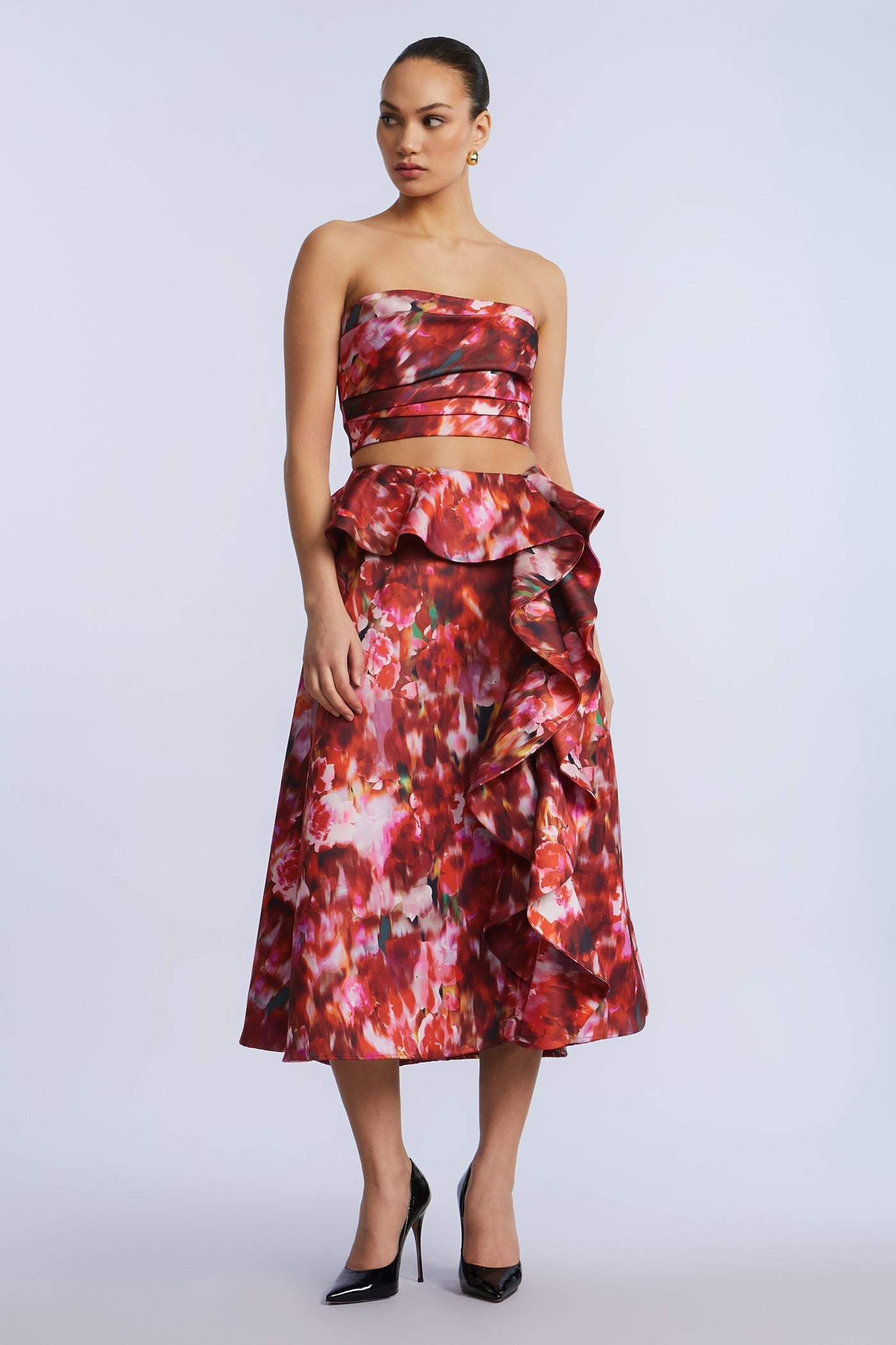 BCBGMAXAZRIA Pleated Satin Bustier Washed Rose Chili Pepper Print