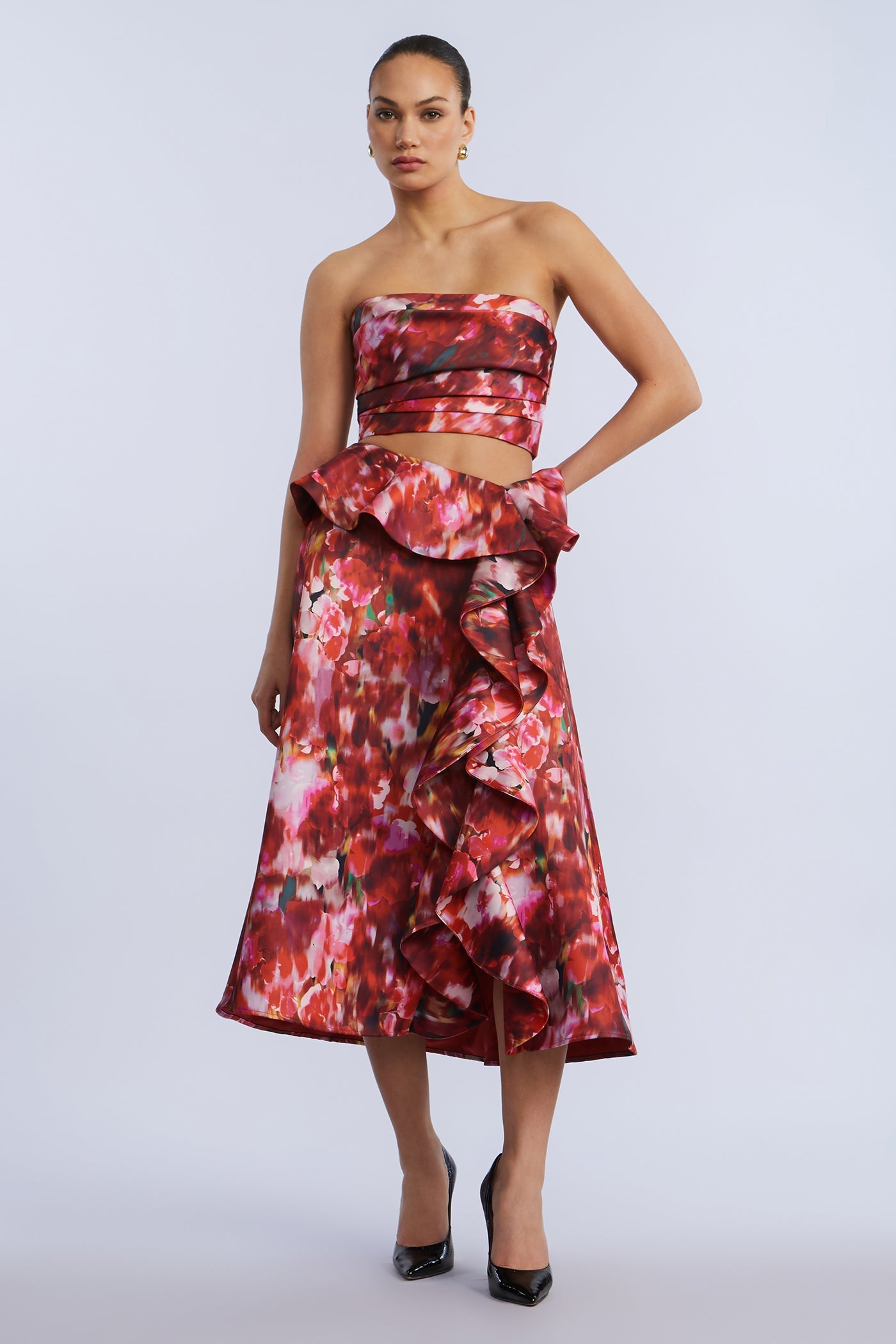 BCBGMAXAZRIA Pleated Satin Bustier Washed Rose Chili Pepper Print
