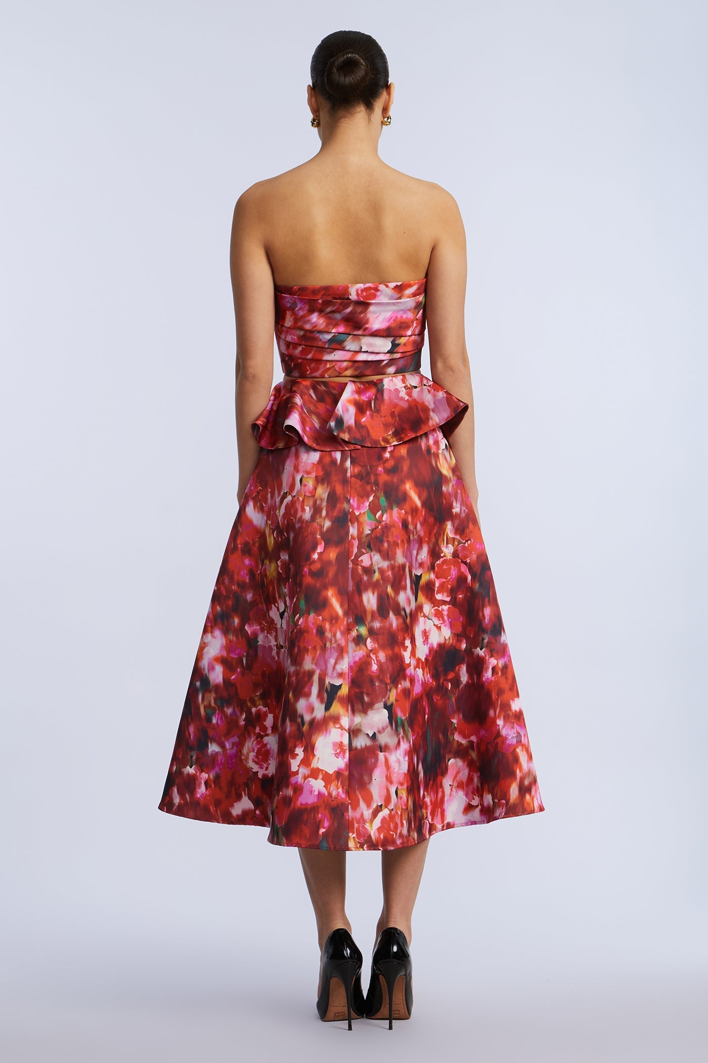 BCBGMAXAZRIA Pleated Satin Bustier Washed Rose Chili Pepper Print