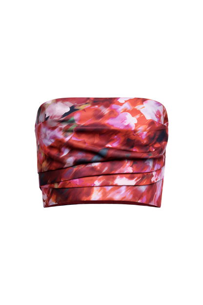 BCBGMAXAZRIA Pleated Satin Bustier Washed Rose Chili Pepper Print