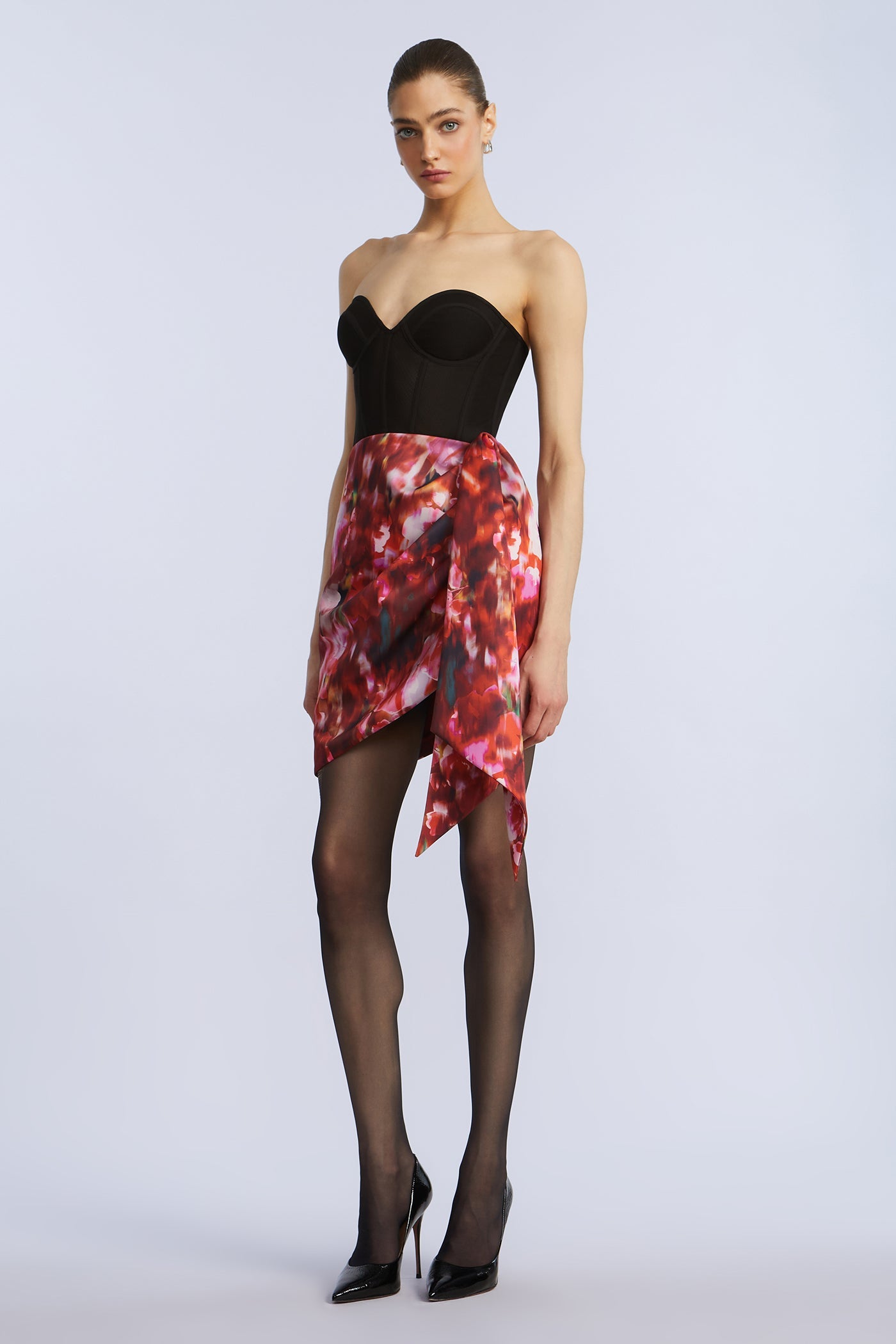 BCBGMAXAZRIA Wrap Mini Dress Black & Washed Floral Chilli