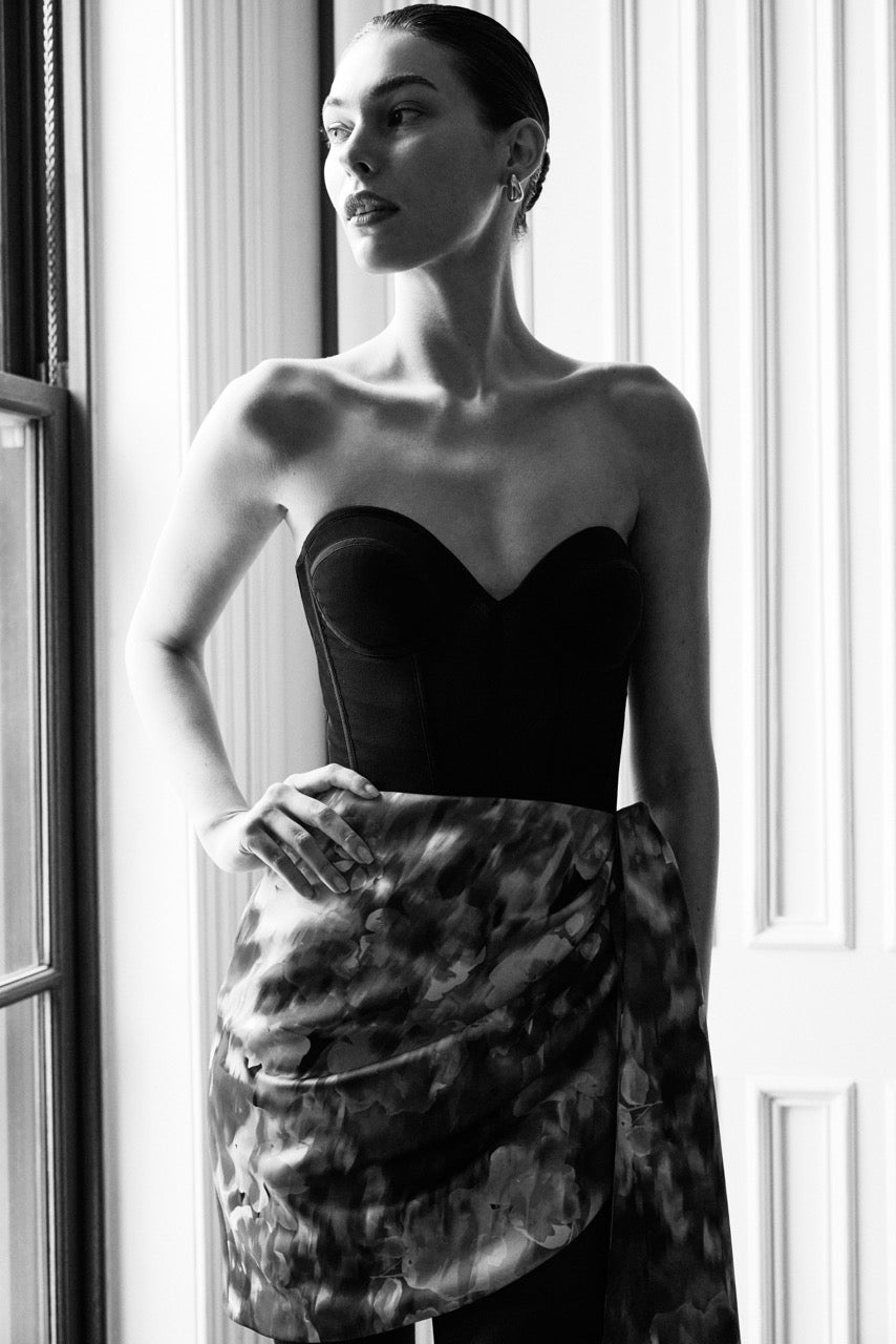 BCBGMAXAZRIA Wrap Mini Dress Black & Washed Floral Chilli