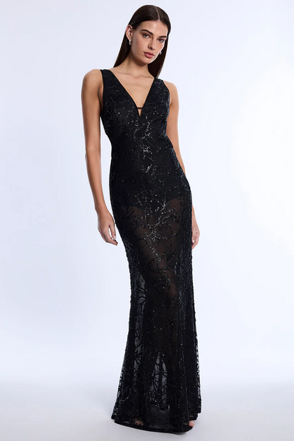 BCBGMAXAZRIA Embellished Cut-Out Gown Black