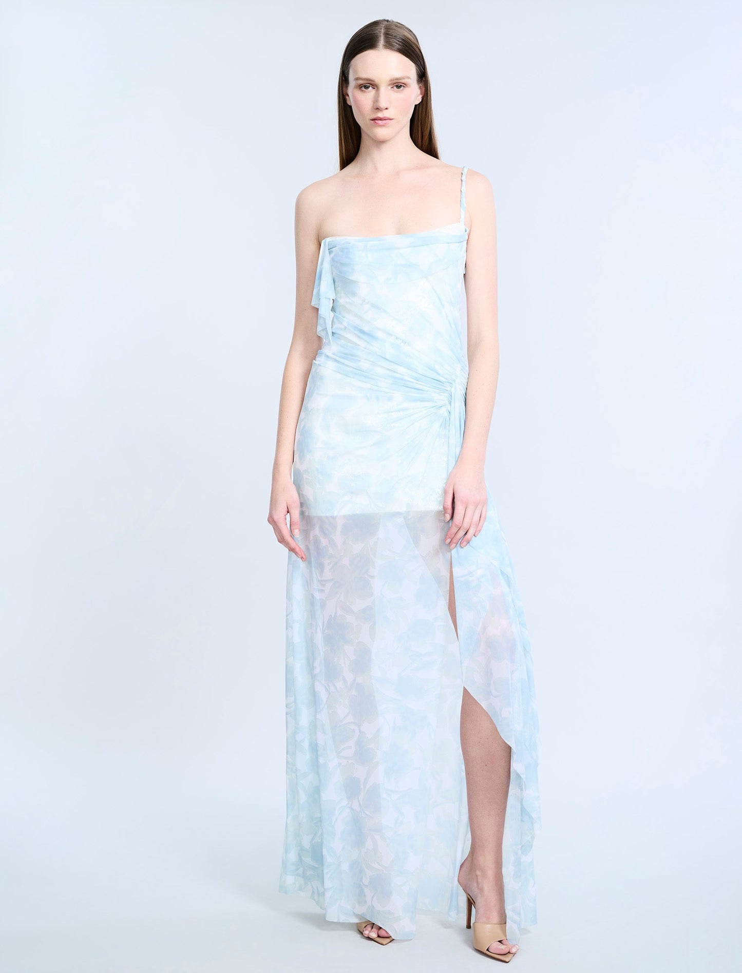BCBGMAXAZRIA Mesh & Sequin Gown Sky Floral Print