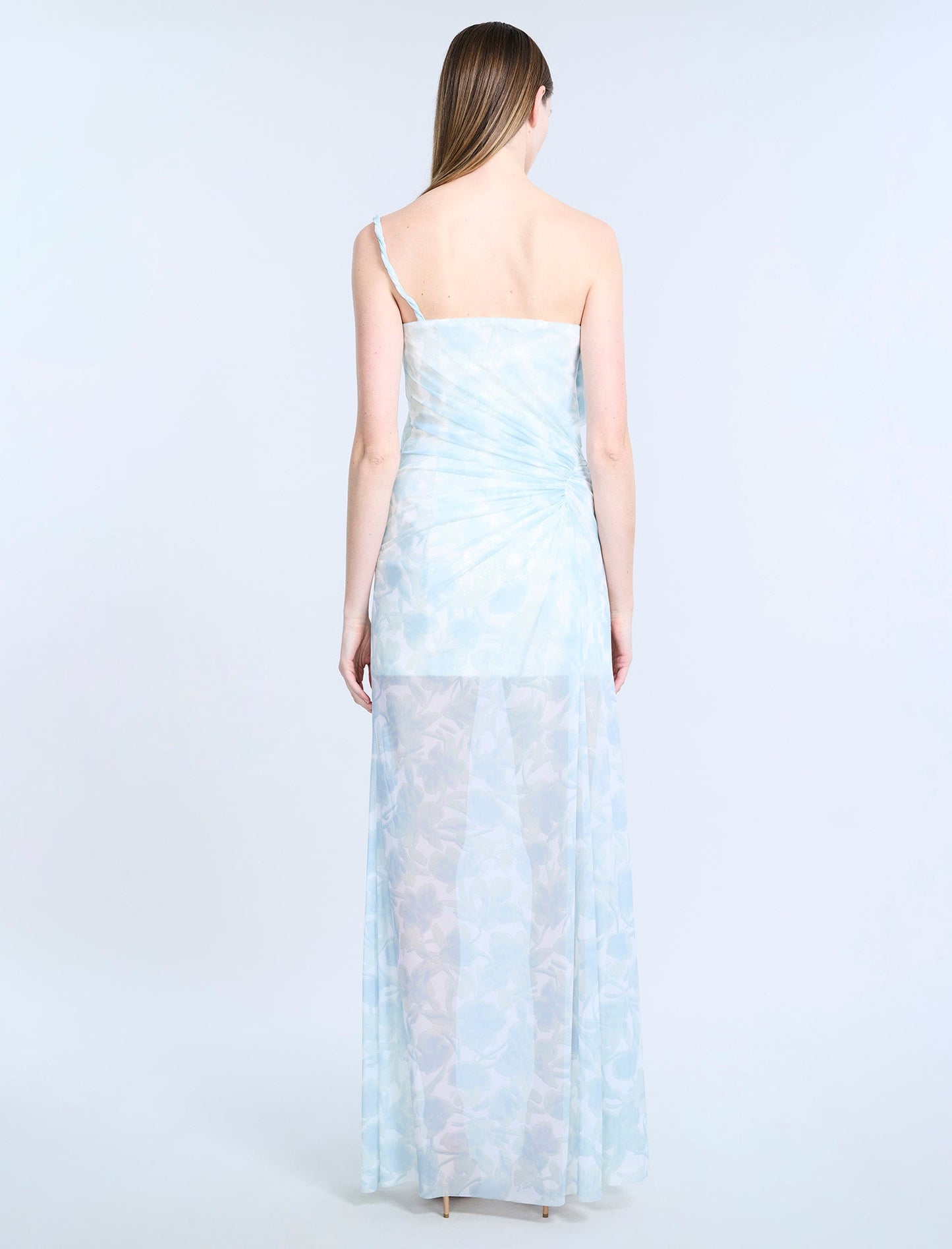 BCBGMAXAZRIA Mesh & Sequin Gown Sky Floral Print