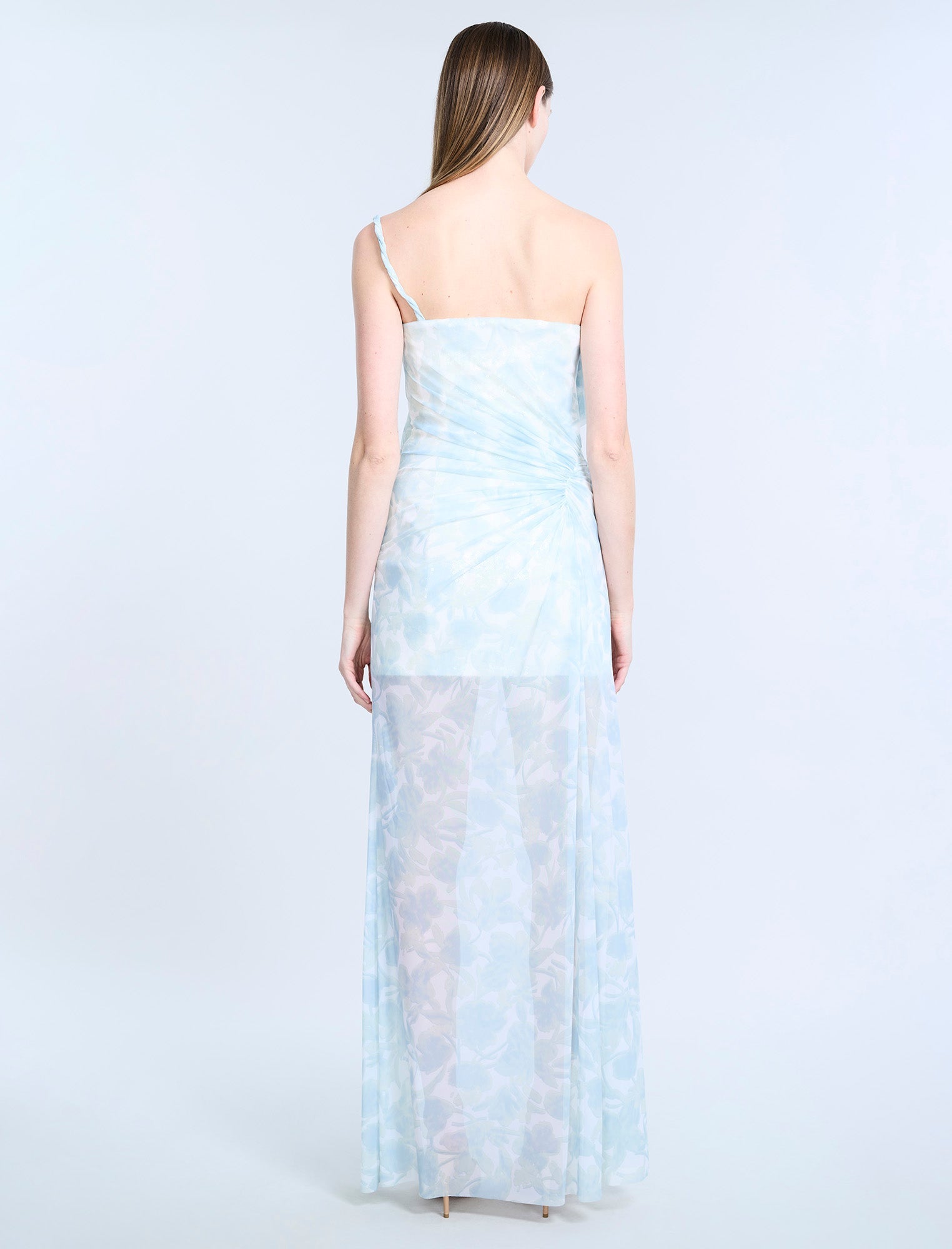 BCBGMAXAZRIA Mesh & Sequin Gown Sky Floral Print
