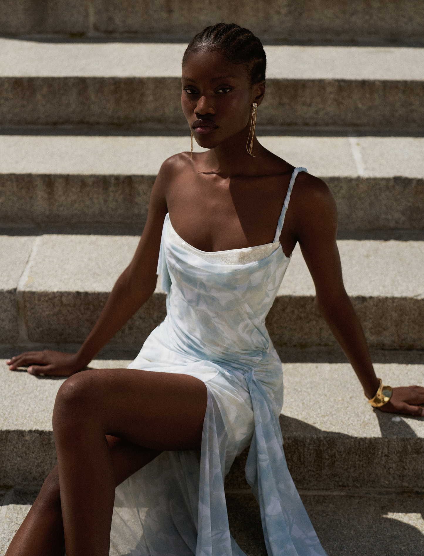 BCBGMAXAZRIA Mesh & Sequin Gown Sky Floral Print