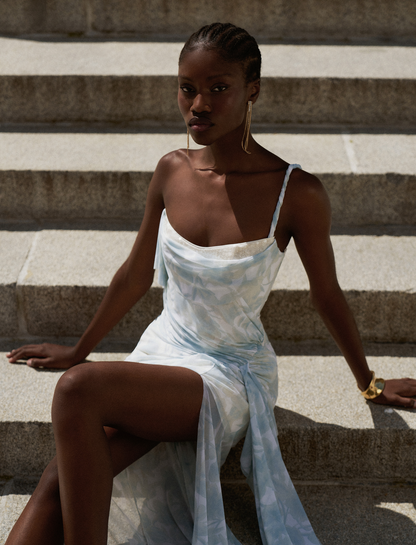 BCBGMAXAZRIA Mesh & Sequin Gown Sky Floral Print