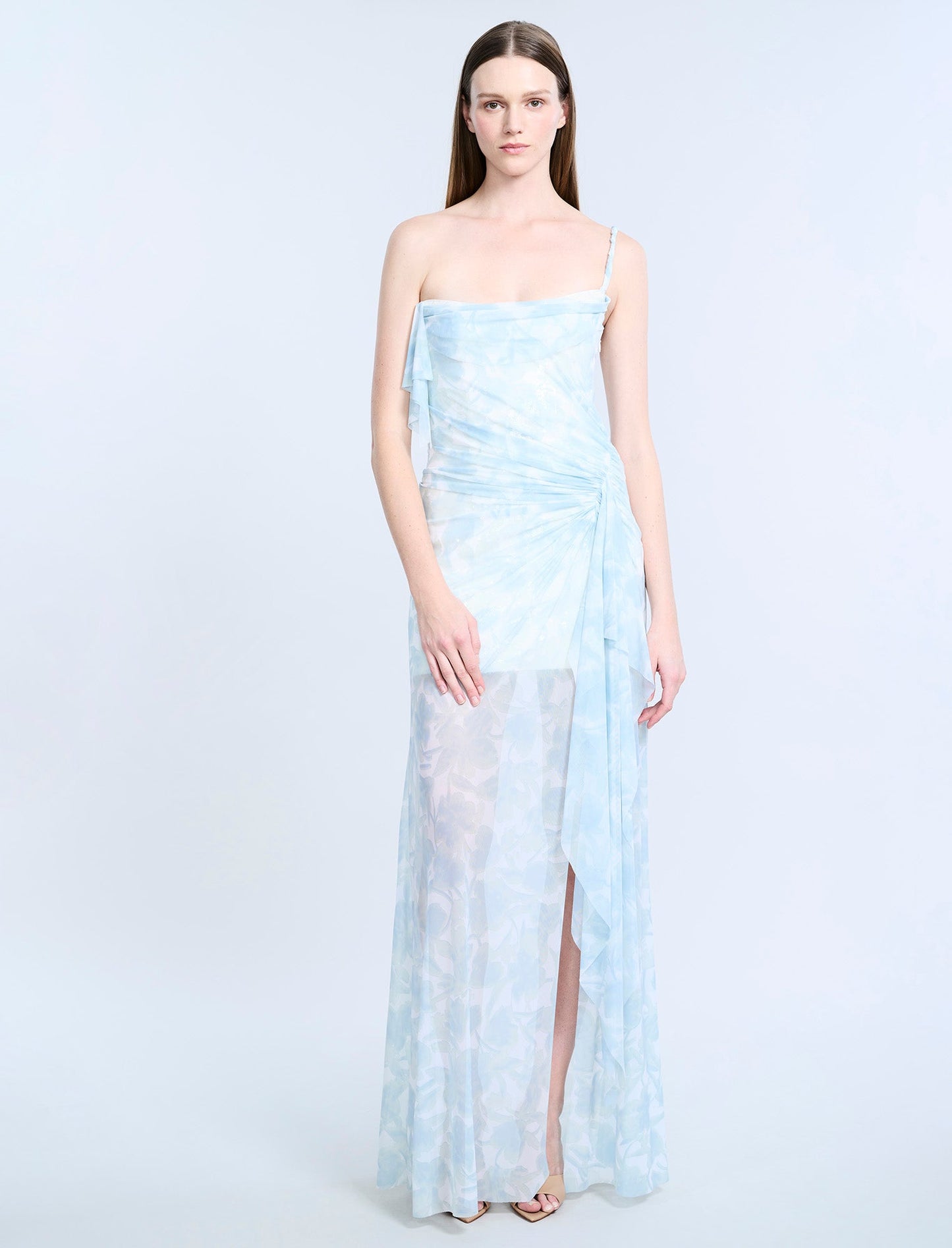 BCBGMAXAZRIA Mesh & Sequin Gown Sky Floral Print