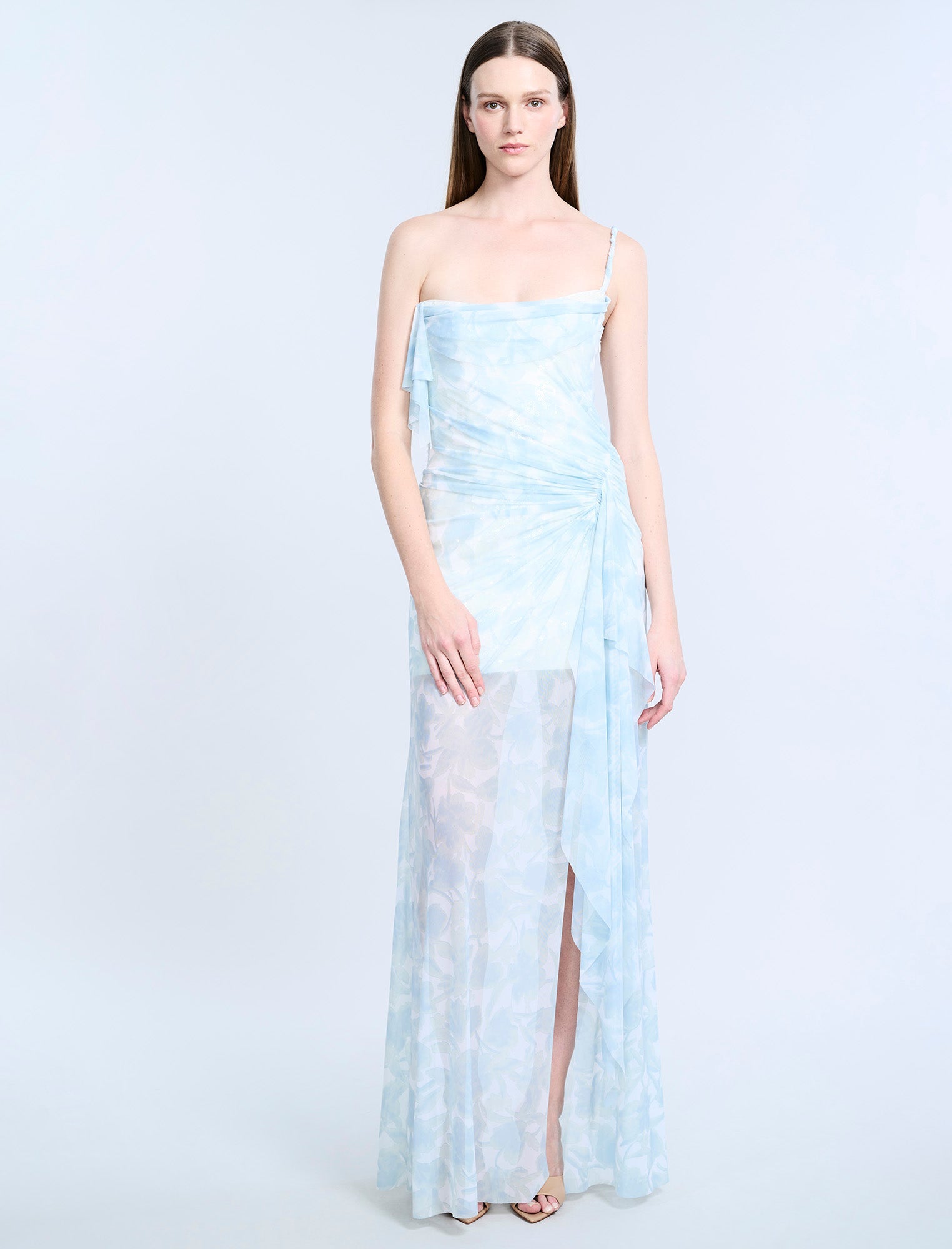 BCBGMAXAZRIA Mesh & Sequin Gown Sky Floral Print