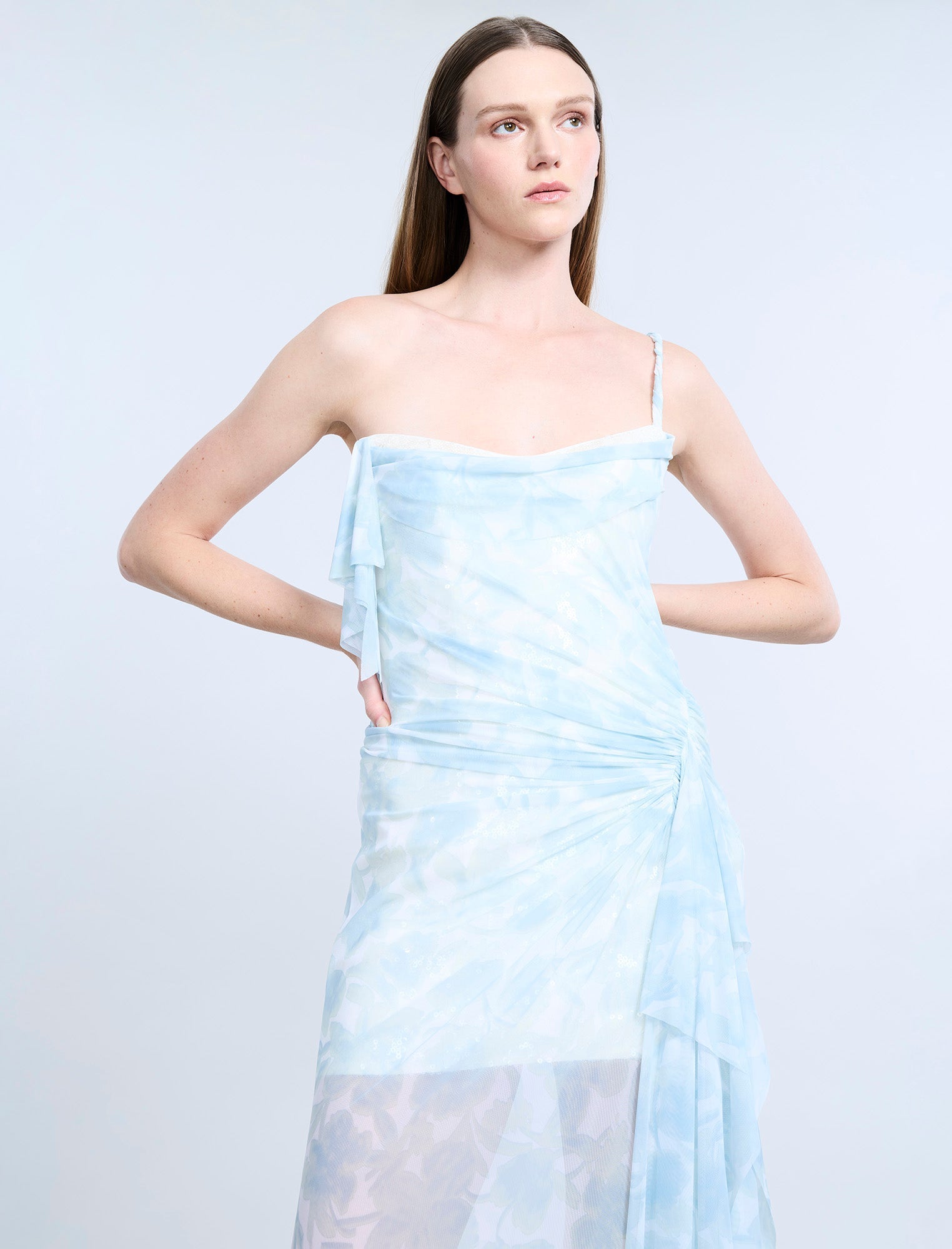 BCBGMAXAZRIA Mesh & Sequin Gown Sky Floral Print