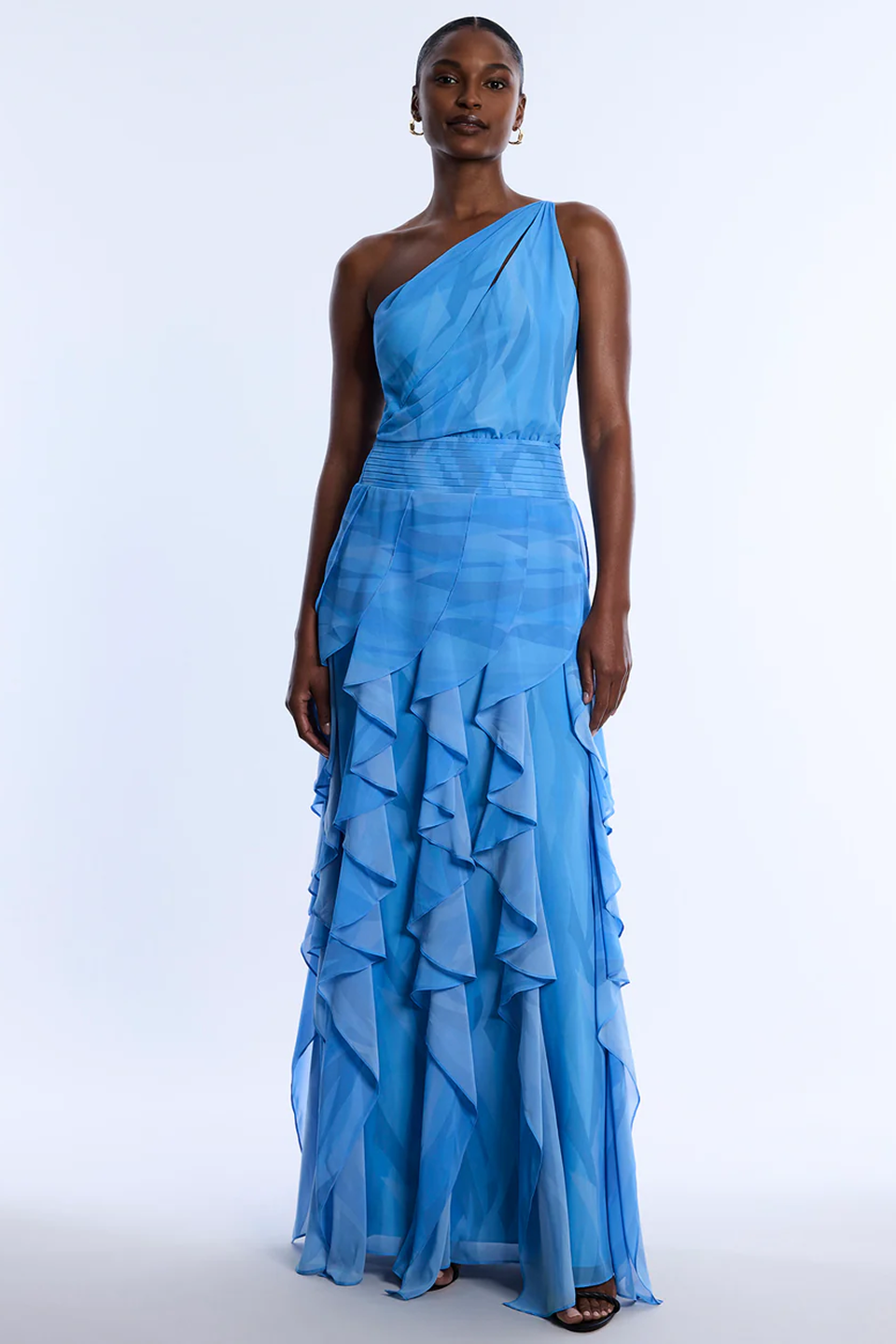 BCBGMAXAZRIA Printed One Shoulder Gown Cloud Crystal Waves