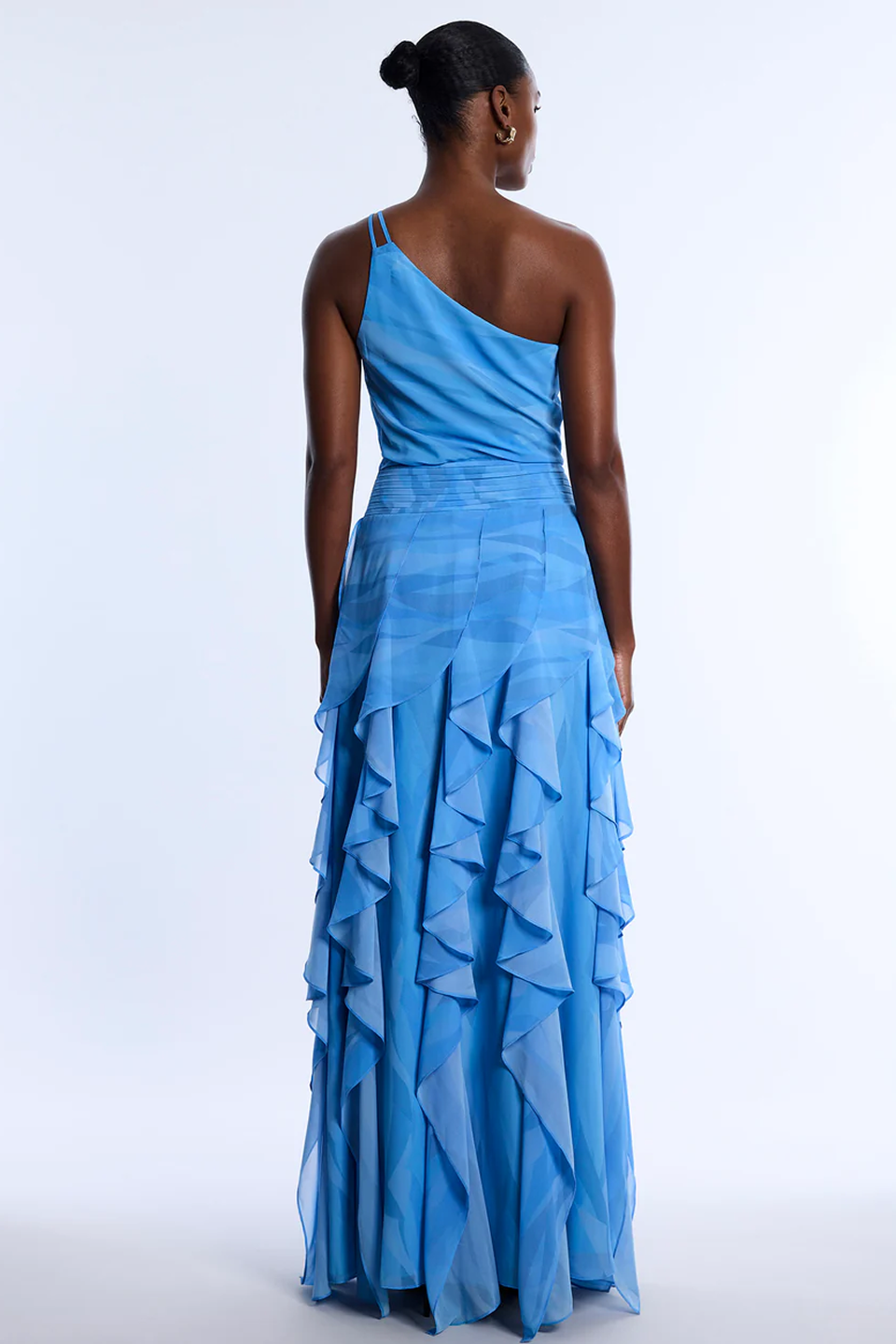 BCBGMAXAZRIA Printed One Shoulder Gown Cloud Crystal Waves