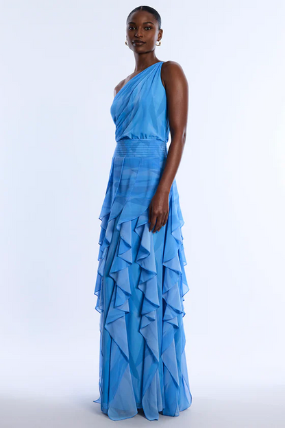 BCBGMAXAZRIA Printed One Shoulder Gown Cloud Crystal Waves