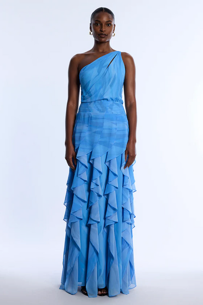BCBGMAXAZRIA Printed One Shoulder Gown Cloud Crystal Waves