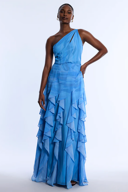 BCBGMAXAZRIA Printed One Shoulder Gown Cloud Crystal Waves
