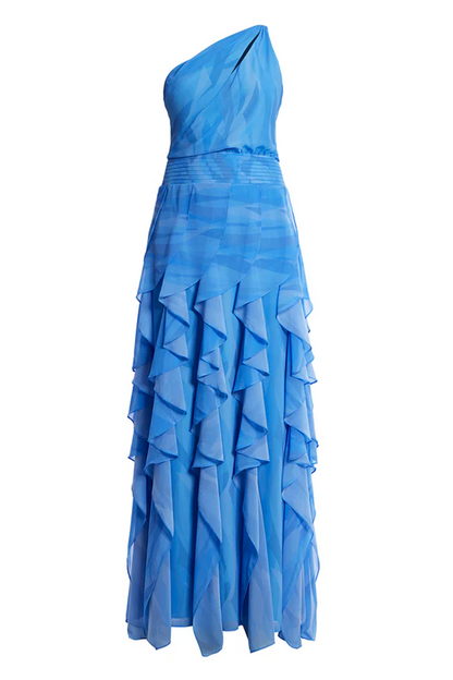 BCBGMAXAZRIA Printed One Shoulder Gown Cloud Crystal Waves