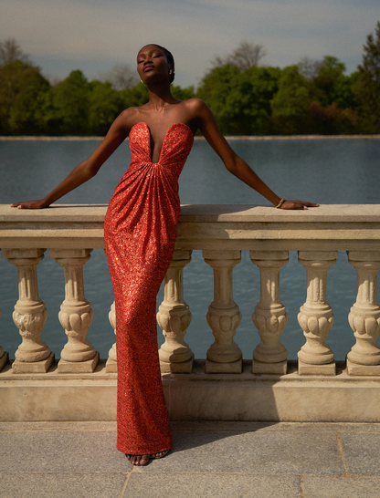 BCBGMAXAZRIA Plunging U Neckline Gown Tangerine