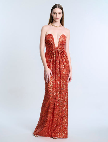 BCBGMAXAZRIA Plunging U Neckline Gown Tangerine