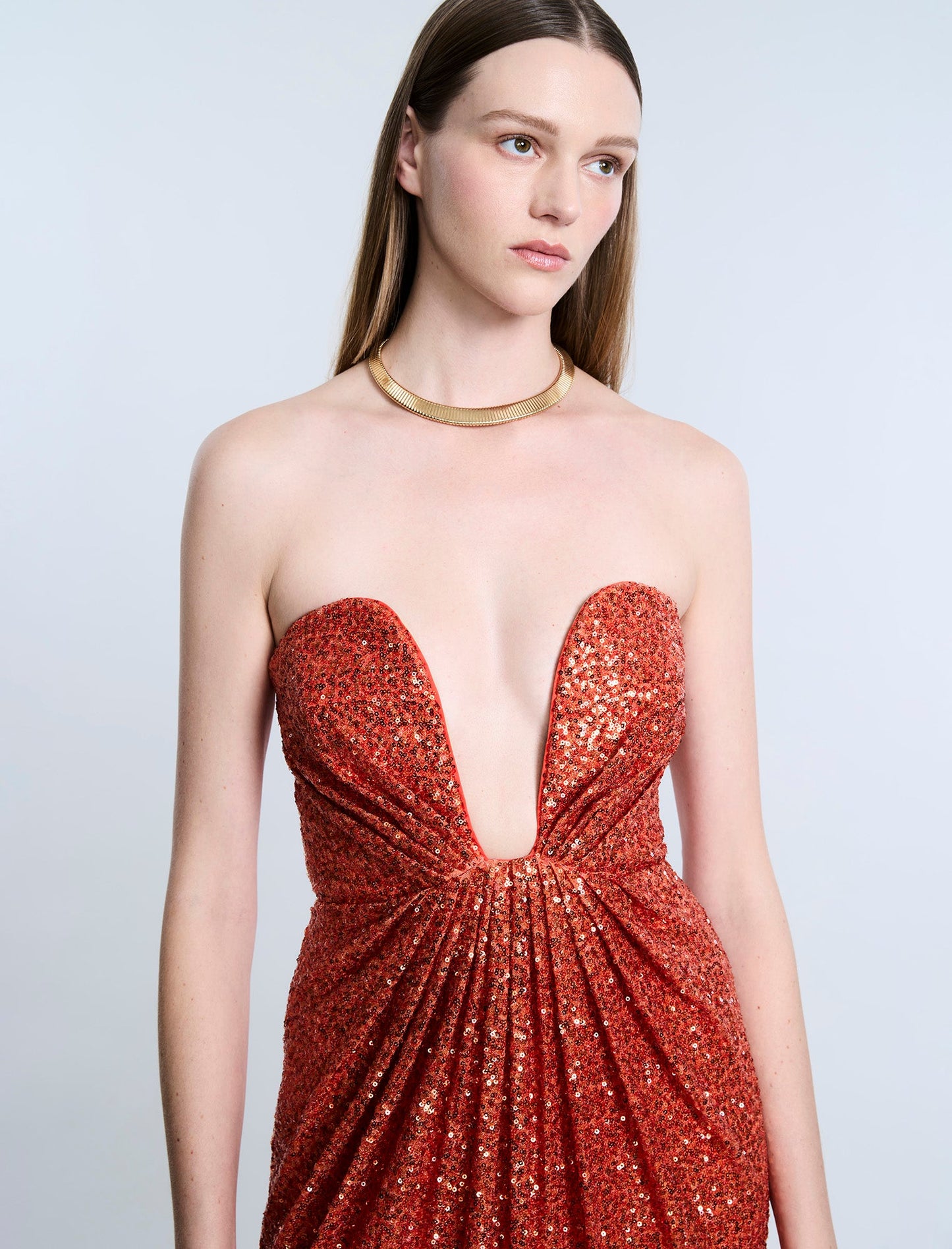 BCBGMAXAZRIA Plunging U Neckline Gown Tangerine