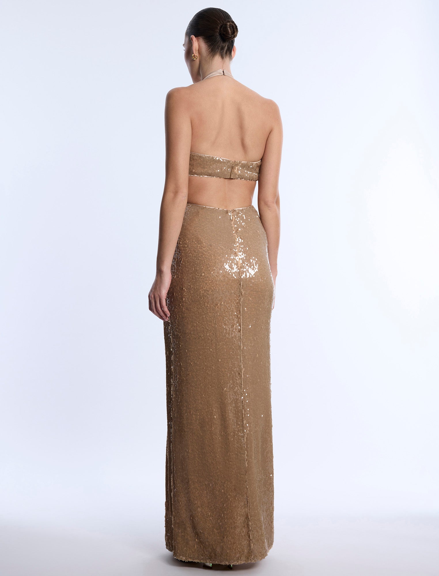 BCBGMAXAZRIA Sequin Cutout Halter Gown Almond