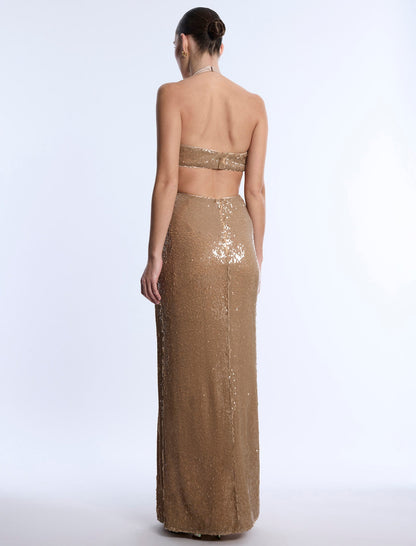 BCBGMAXAZRIA Sequin Cutout Halter Gown Almond