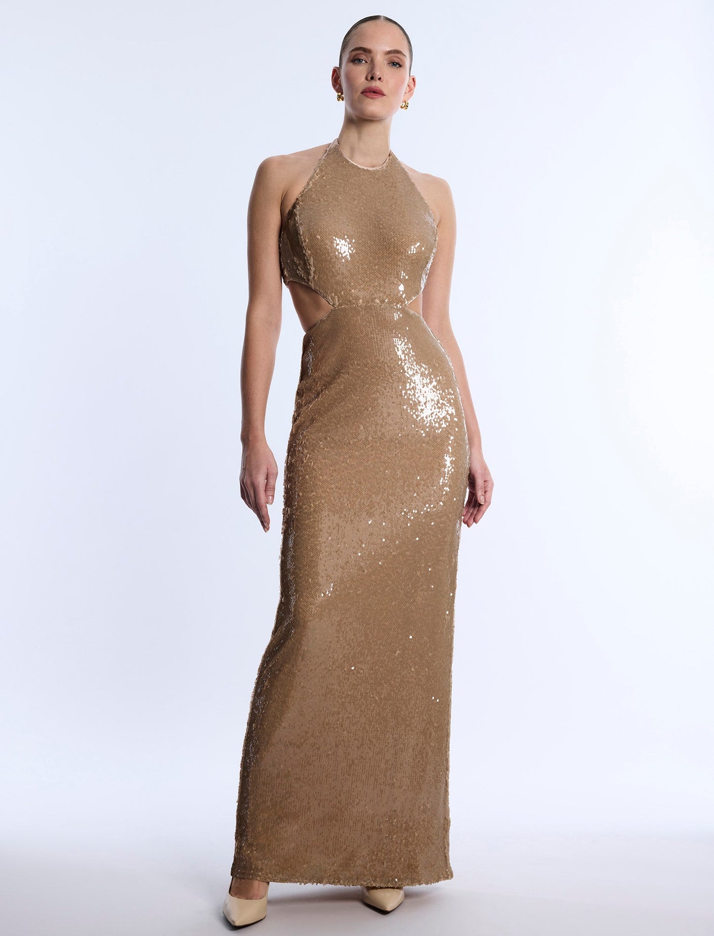 BCBGMAXAZRIA Sequin Cutout Halter Gown Almond