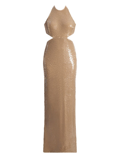 BCBGMAXAZRIA Sequin Cutout Halter Gown Almond