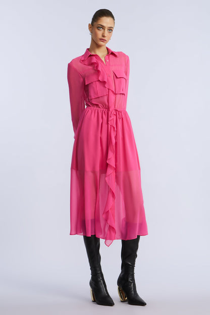 BCBGMAXAZRIA Solid Ruffle Dress Fuchsia Purple