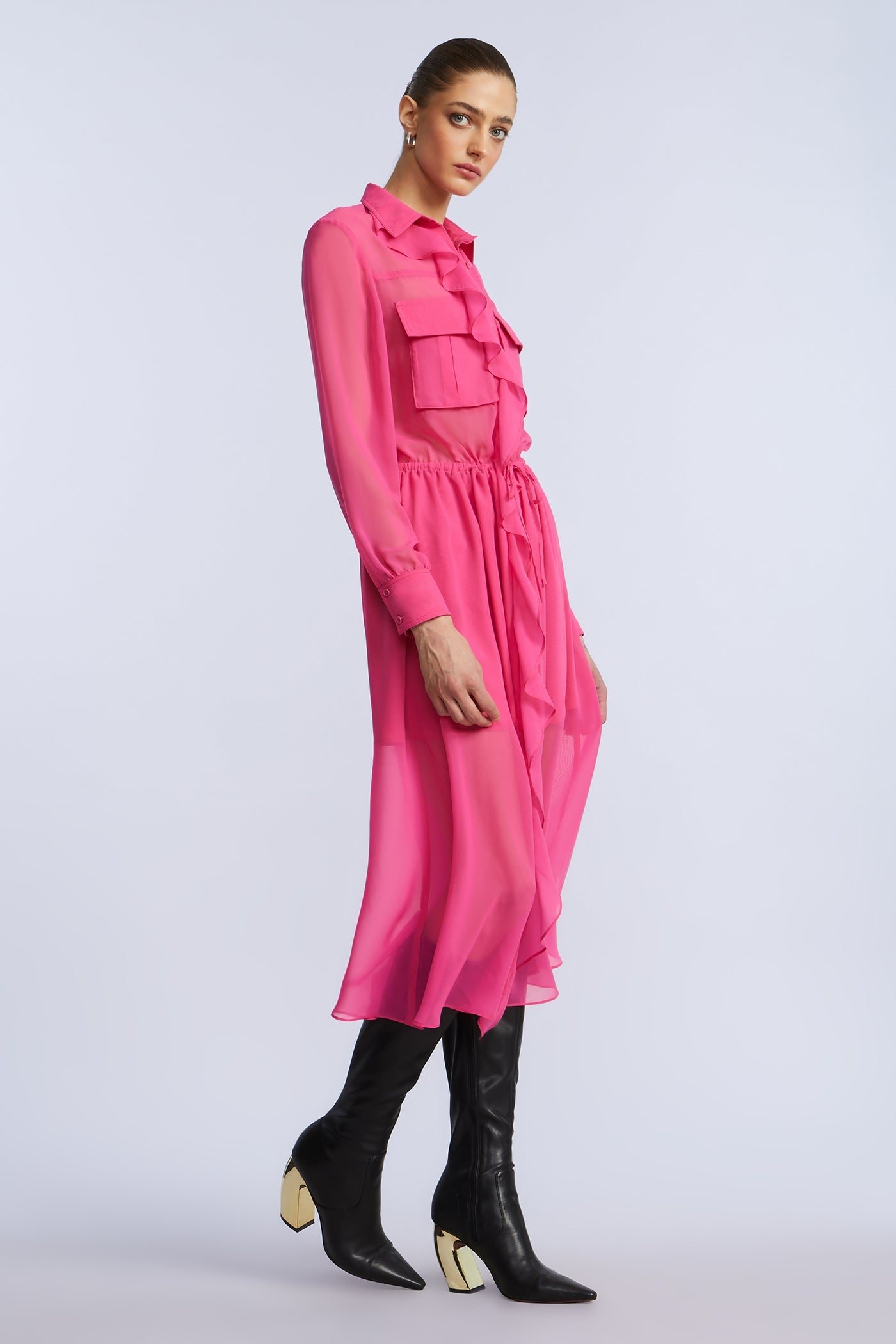 BCBGMAXAZRIA Solid Ruffle Dress Fuchsia Purple