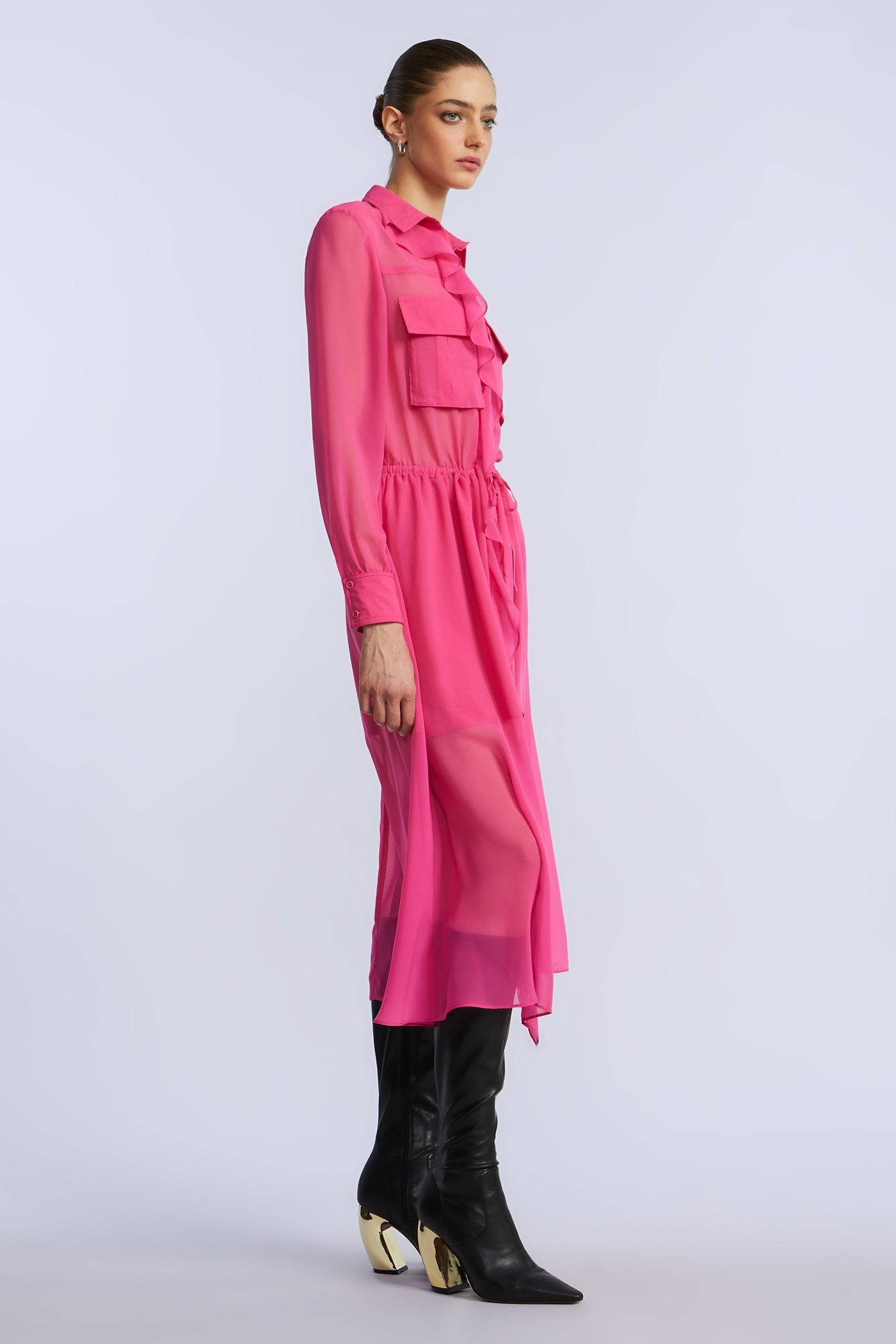 BCBGMAXAZRIA Solid Ruffle Dress Fuchsia Purple