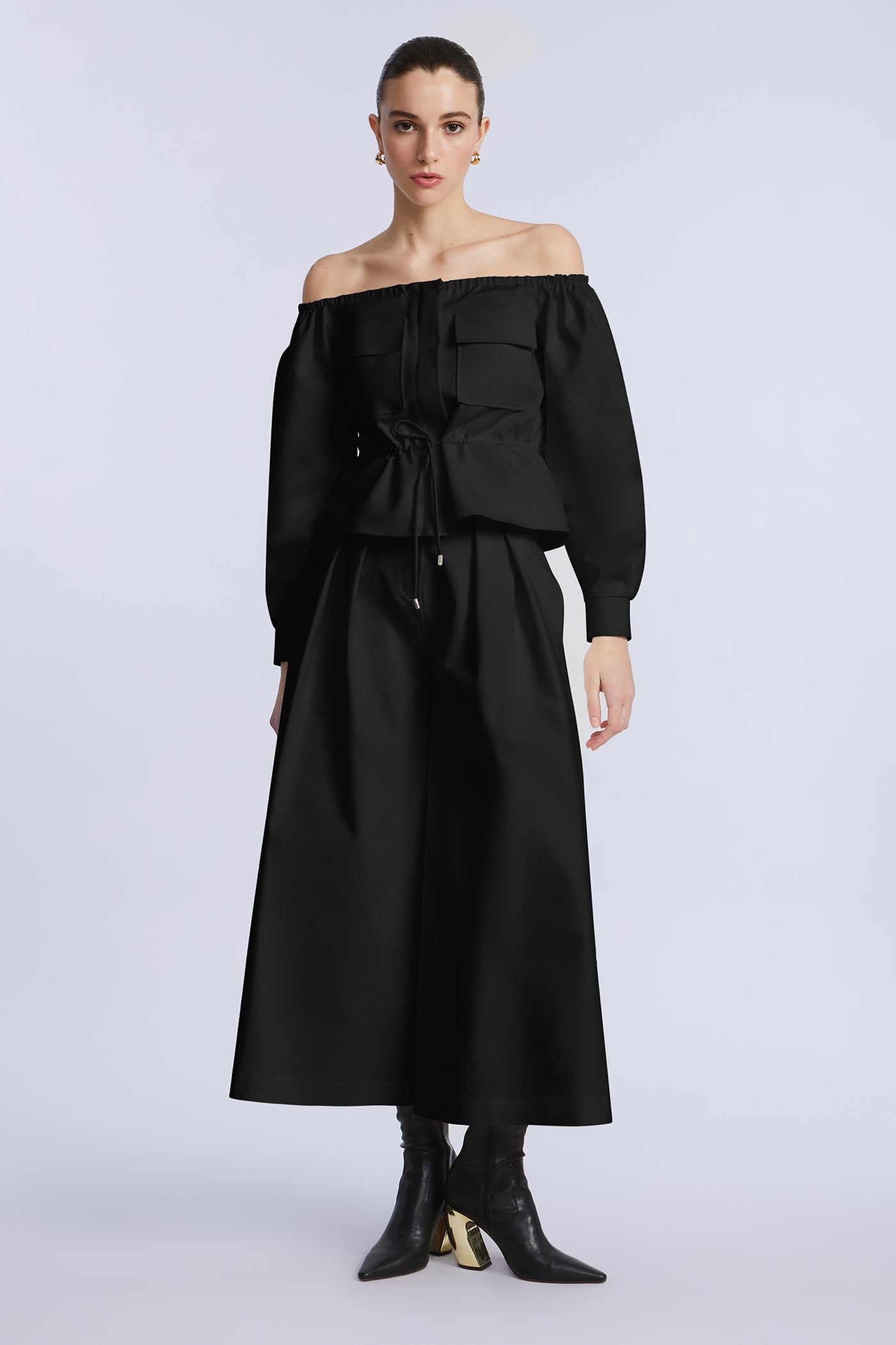 BCBGMAXAZRIA Off Shoulder Drawstring Top Black