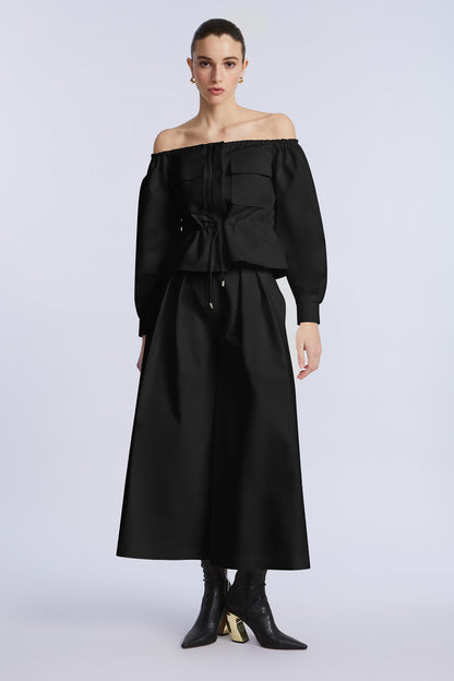 BCBGMAXAZRIA Off Shoulder Drawstring Top Black