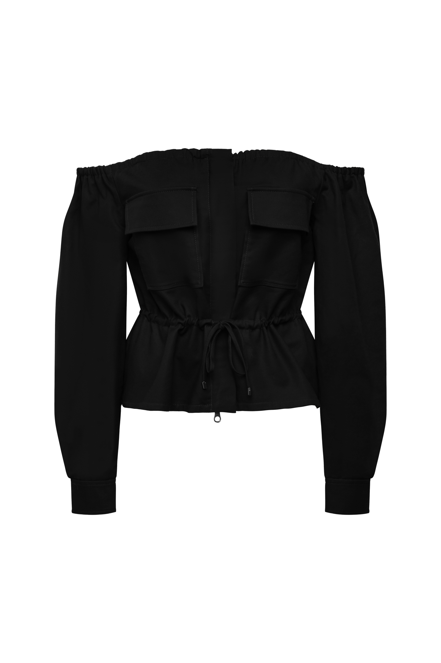 BCBGMAXAZRIA Off Shoulder Drawstring Top Black