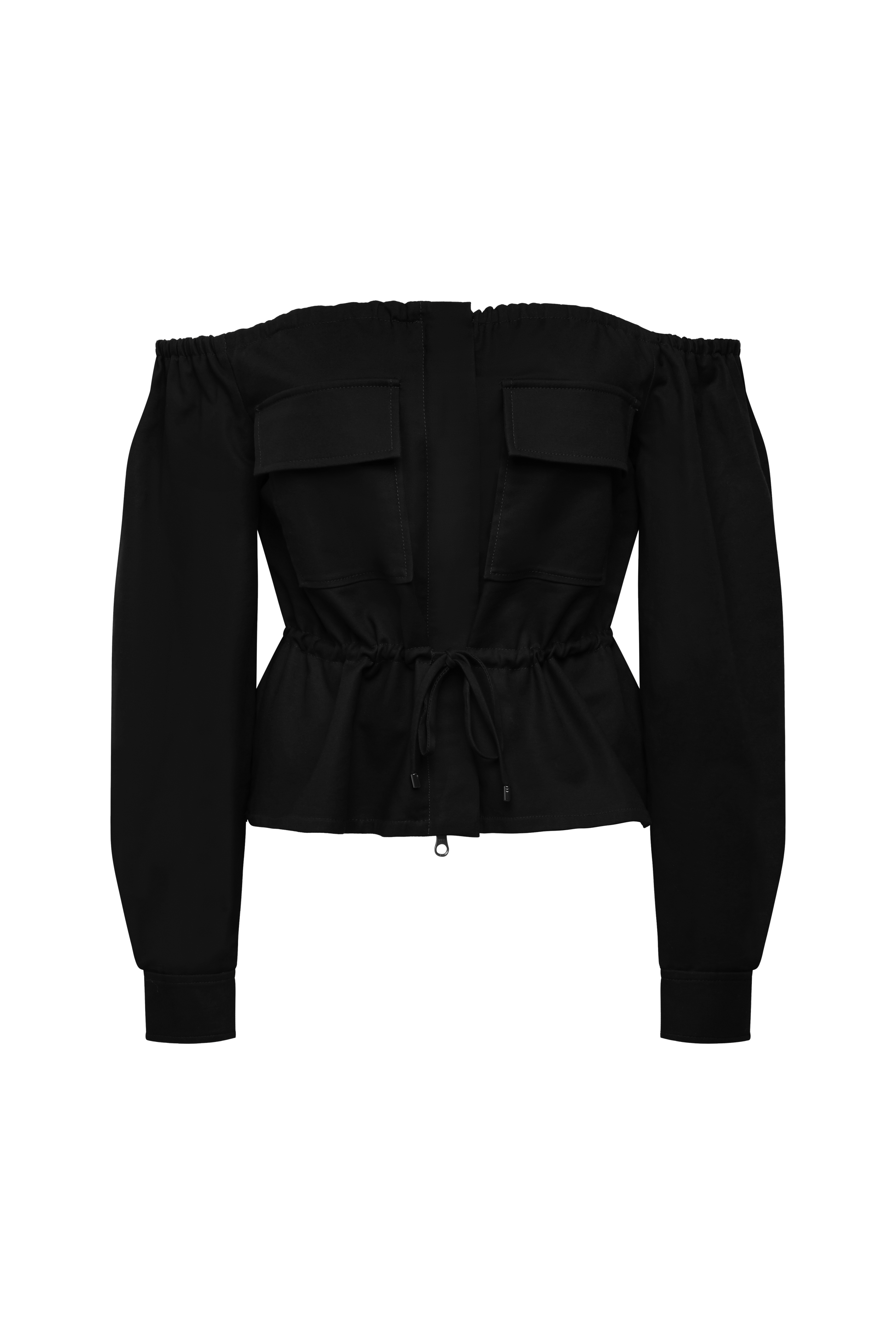 BCBGMAXAZRIA Off Shoulder Drawstring Top Black