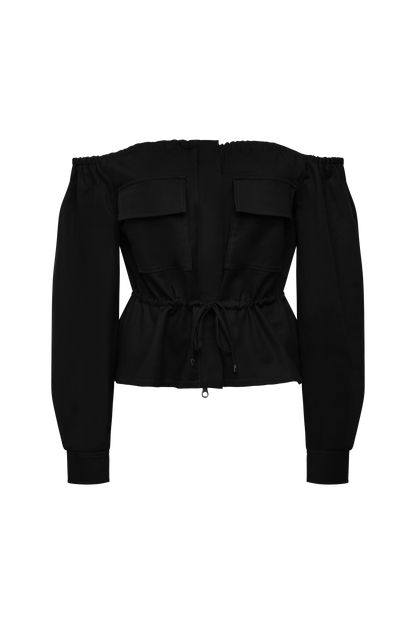 BCBGMAXAZRIA Off Shoulder Drawstring Top Black