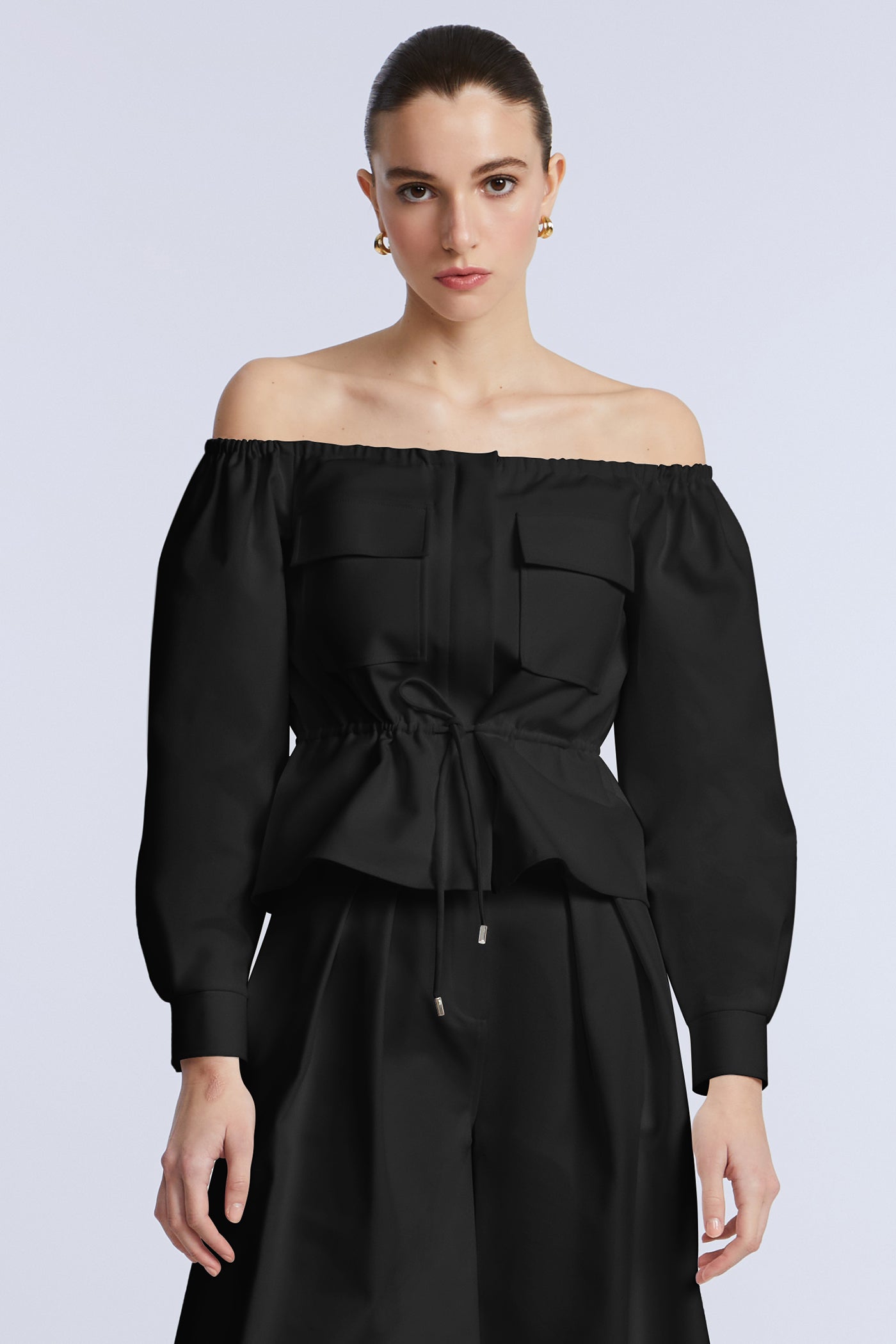 BCBGMAXAZRIA Off Shoulder Drawstring Top Black