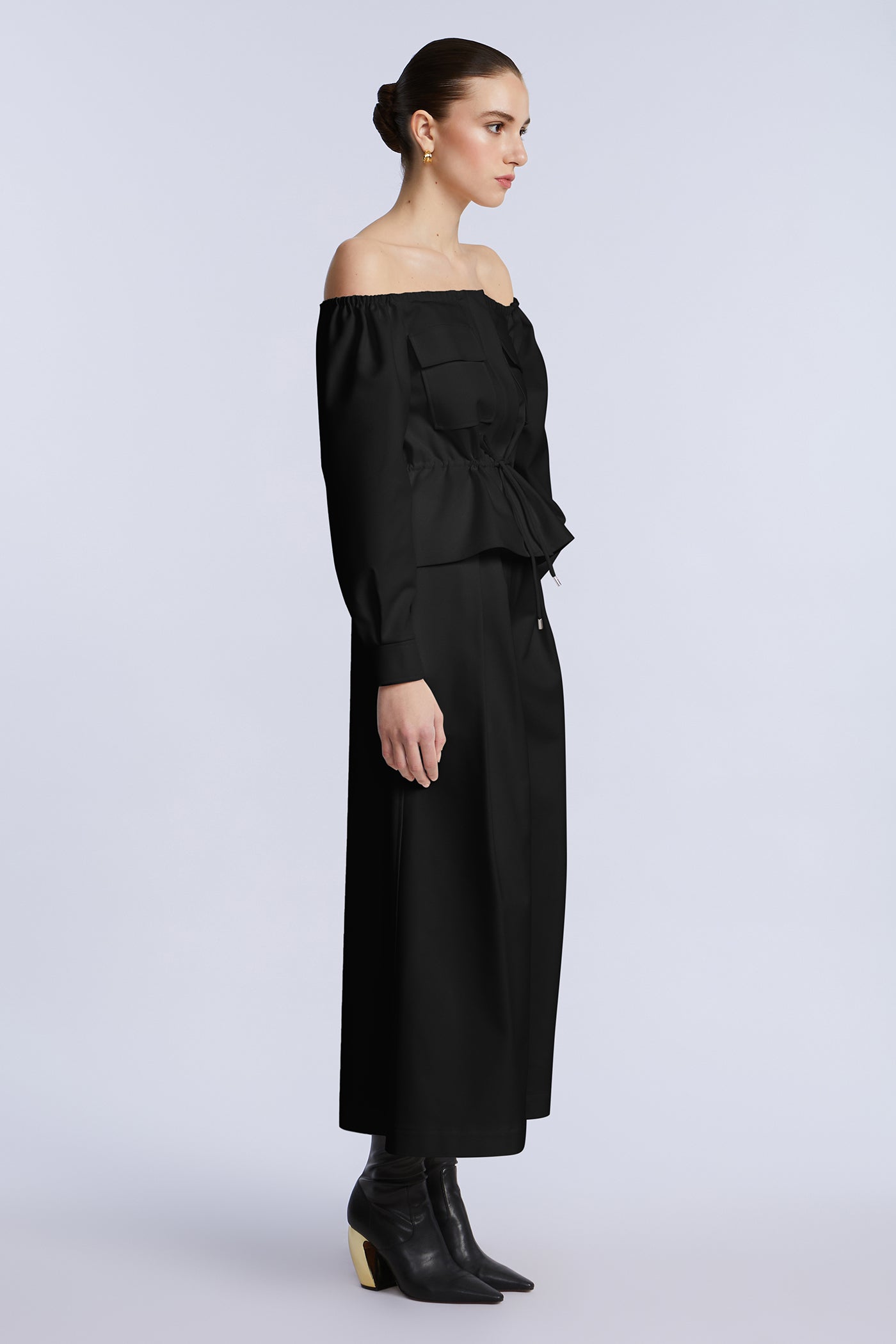 BCBGMAXAZRIA Off Shoulder Drawstring Top Black