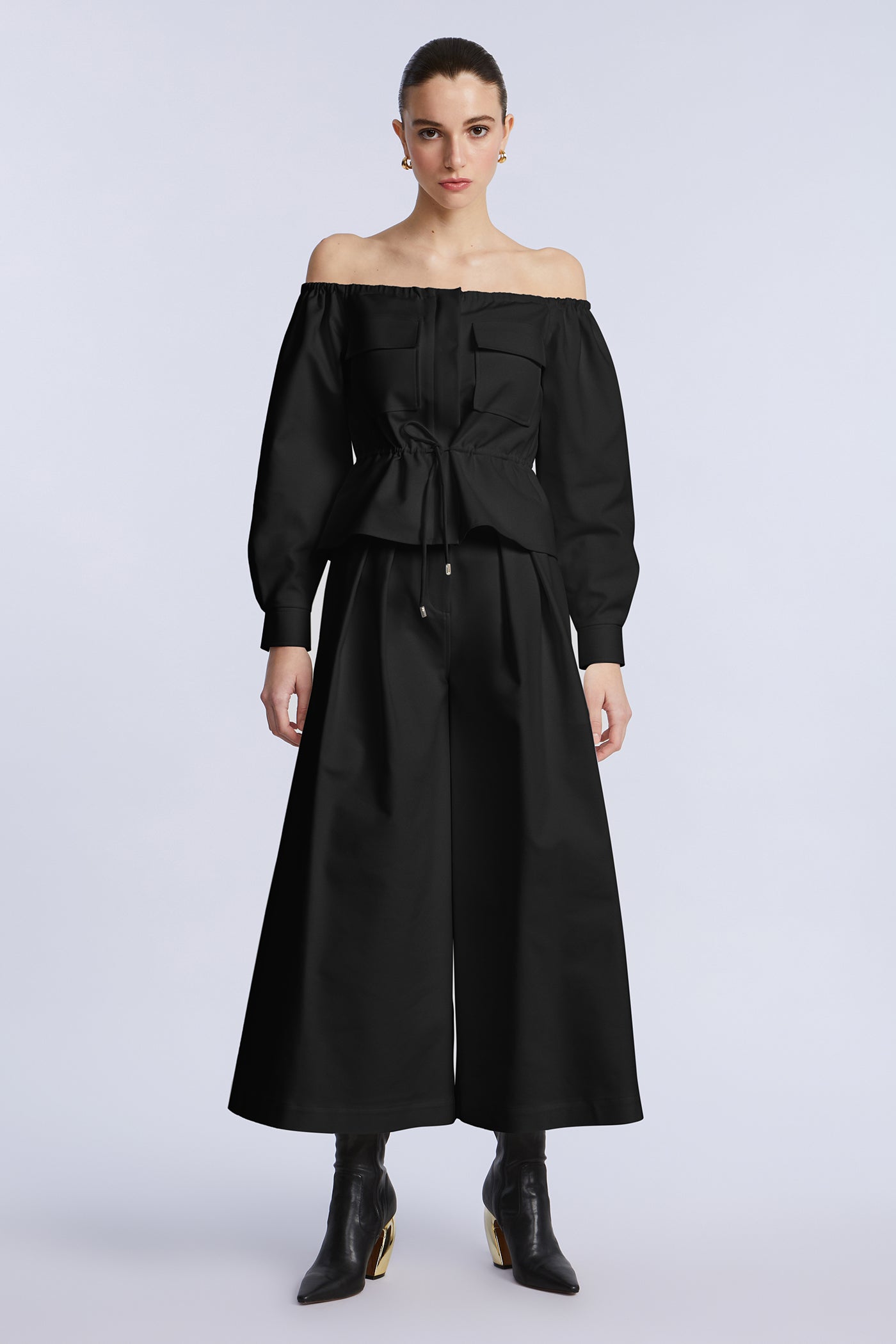 BCBGMAXAZRIA Off Shoulder Drawstring Top Black