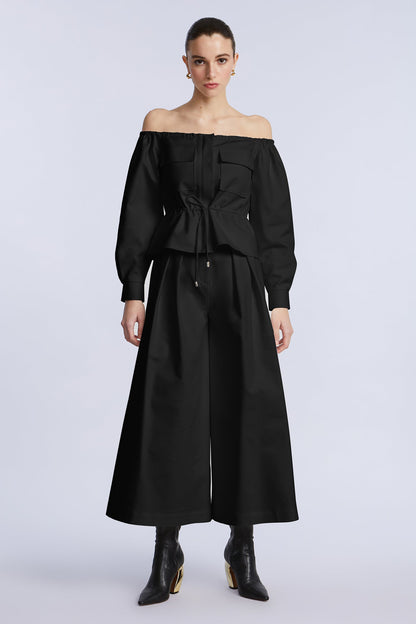 BCBGMAXAZRIA Off Shoulder Drawstring Top Black