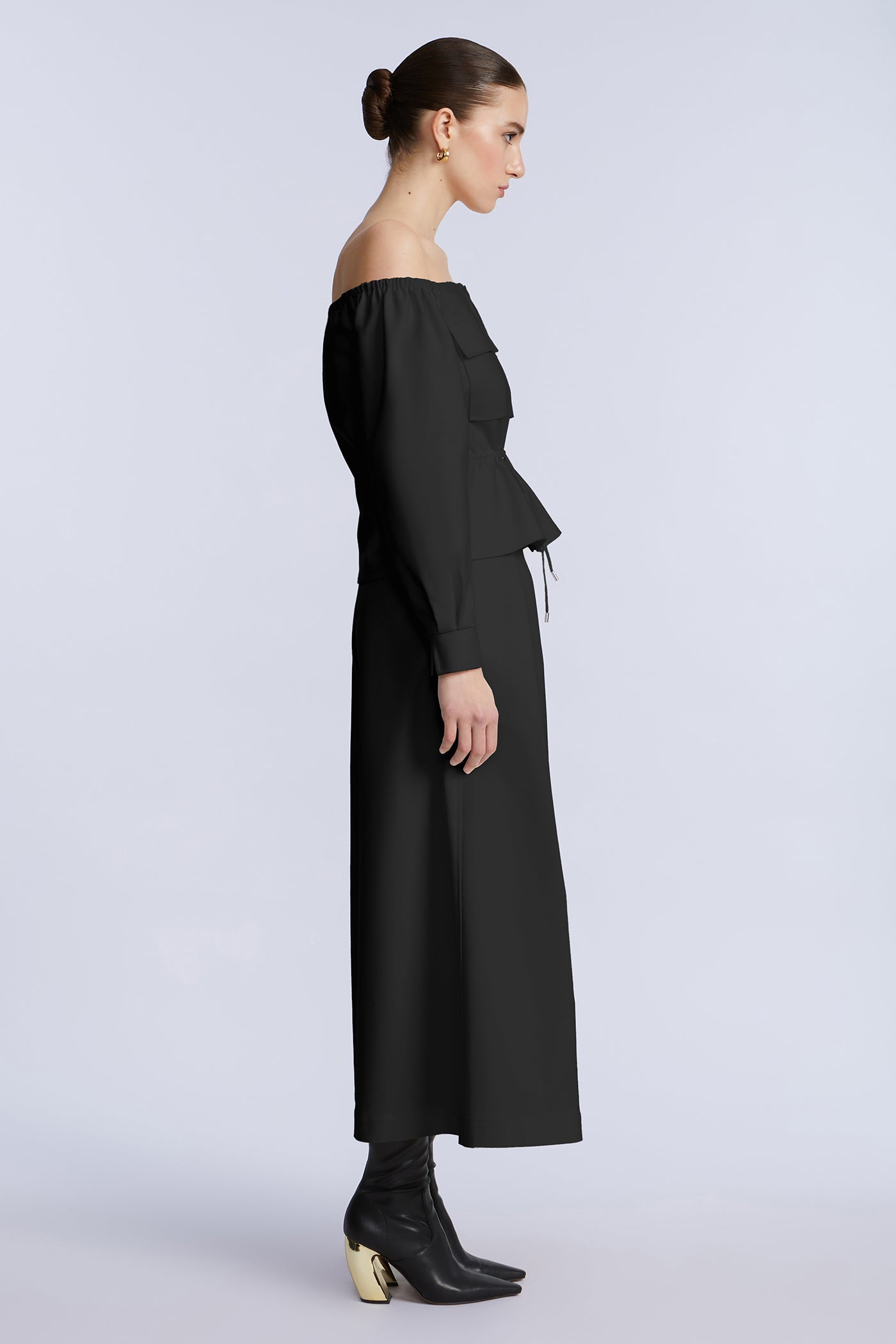 BCBGMAXAZRIA Off Shoulder Drawstring Top Black