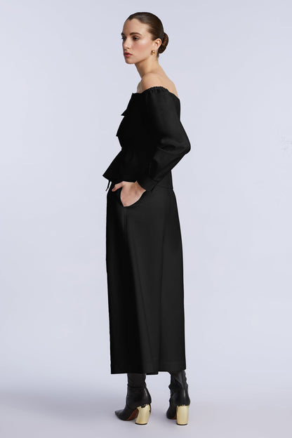 BCBGMAXAZRIA Off Shoulder Drawstring Top Black