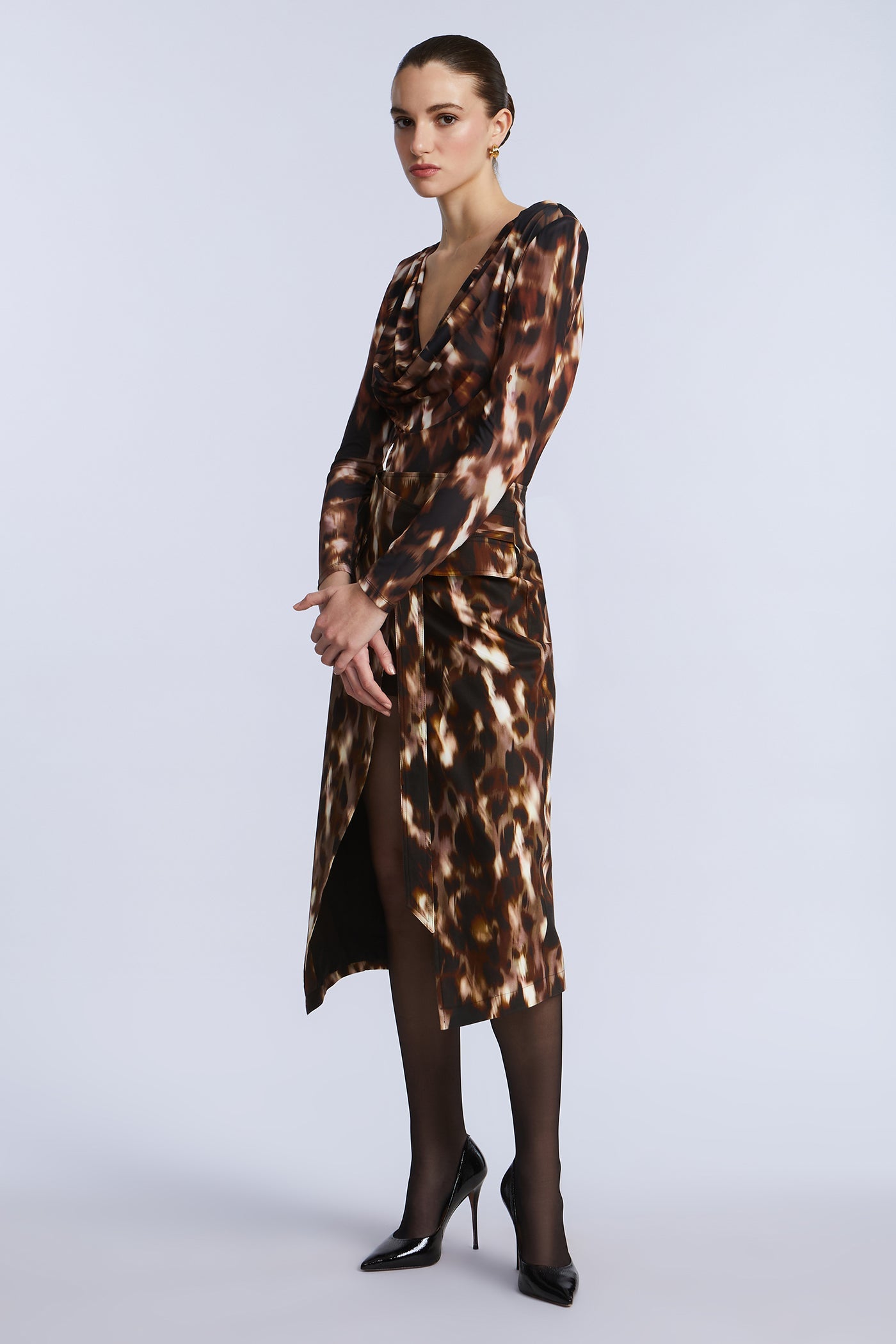 BCBGMAXAZRIA Overlap Midi Skirt Leopard Desert Palm Print