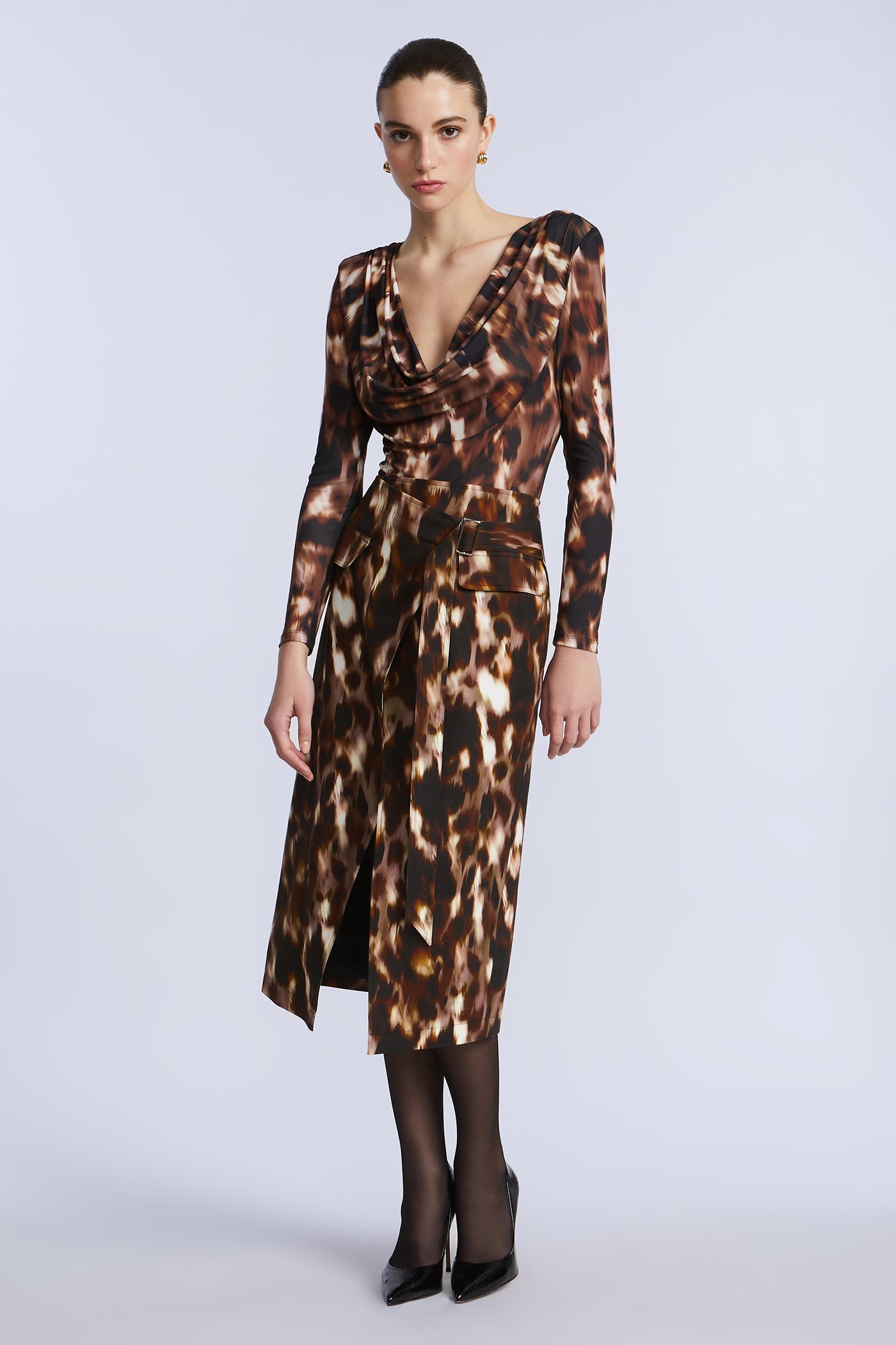 BCBGMAXAZRIA Overlap Midi Skirt Leopard Desert Palm Print