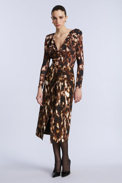 BCBGMAXAZRIA Overlap Midi Skirt Leopard Desert Palm Print