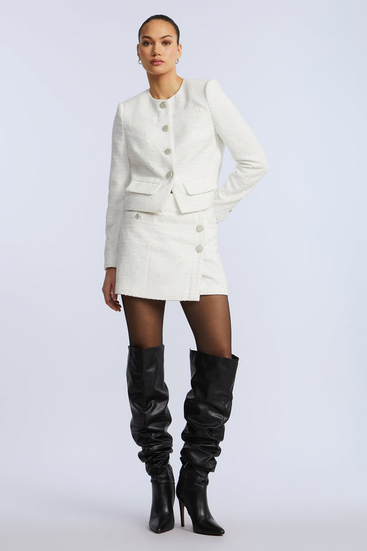BCBGMAXAZRIA Tweed Wrap Short Skirt White