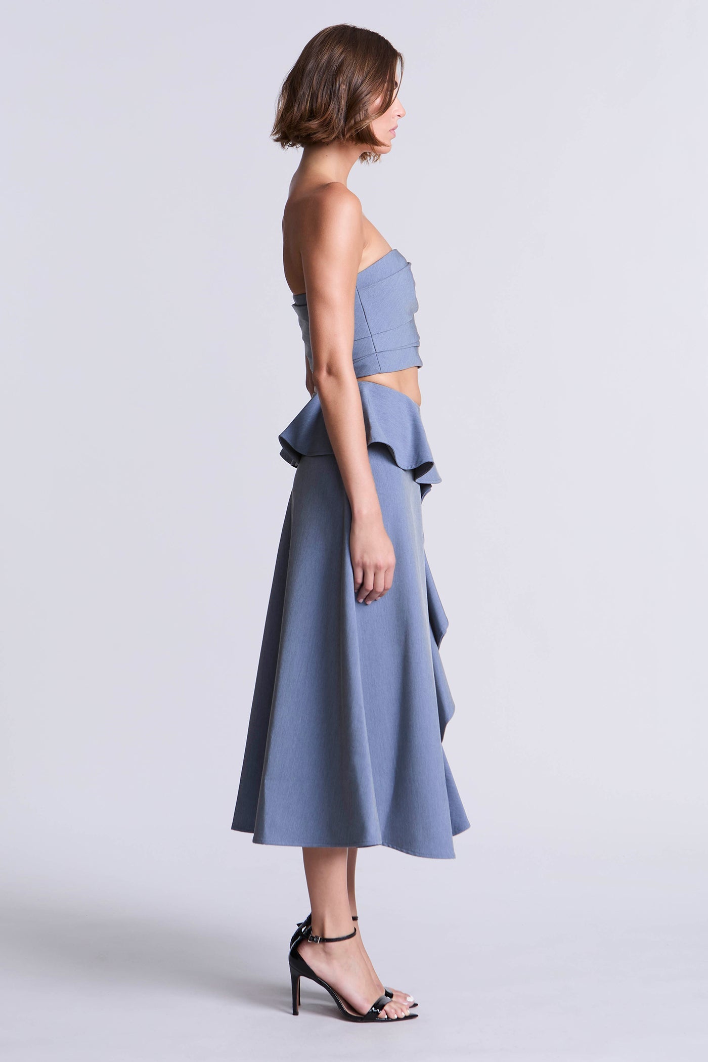 BCBGMAXAZRIA Cascade Midi Skirt Yarn Dye Denim Blue Suiting