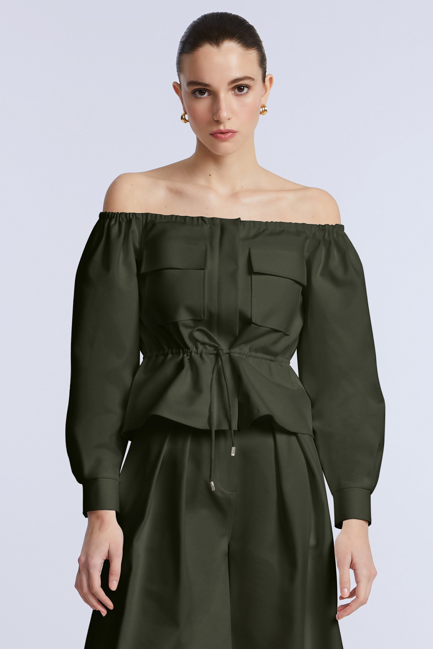 BCBGMAXAZRIA Off Shoulder Drawstring Top Rosin