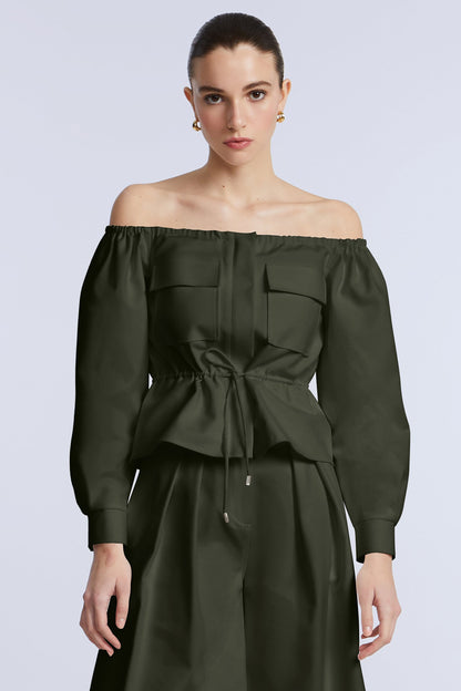 BCBGMAXAZRIA Off Shoulder Drawstring Top Rosin